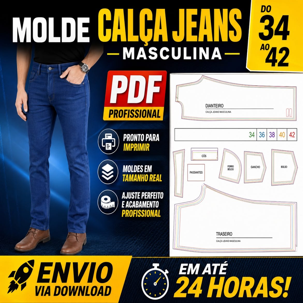 Molde de Calça Jeans Masculina (34-42)