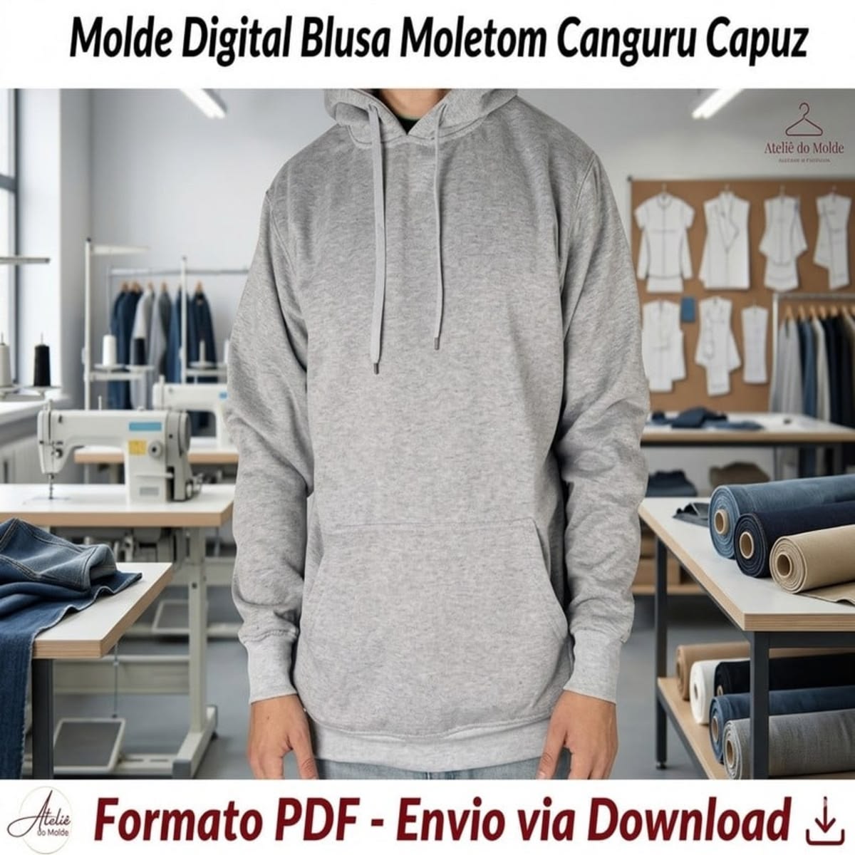 Molde Digital Blusa Moletom Canguru com Capuz  (PP ao GG)