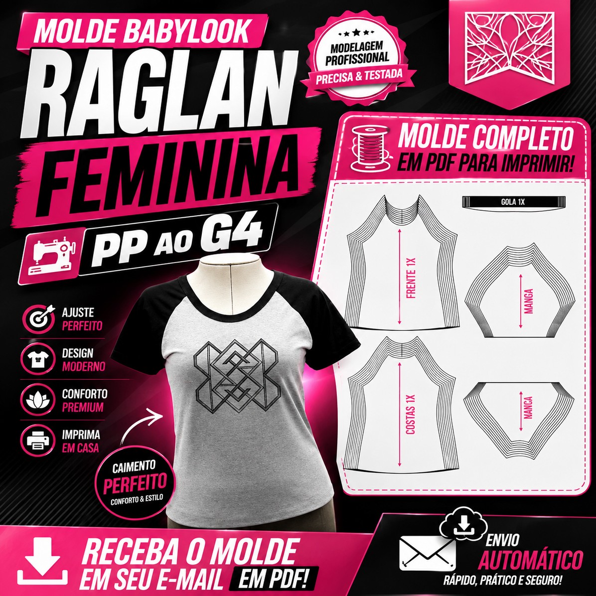 Molde Modelagem Babylook Raglan Feminina Gola U